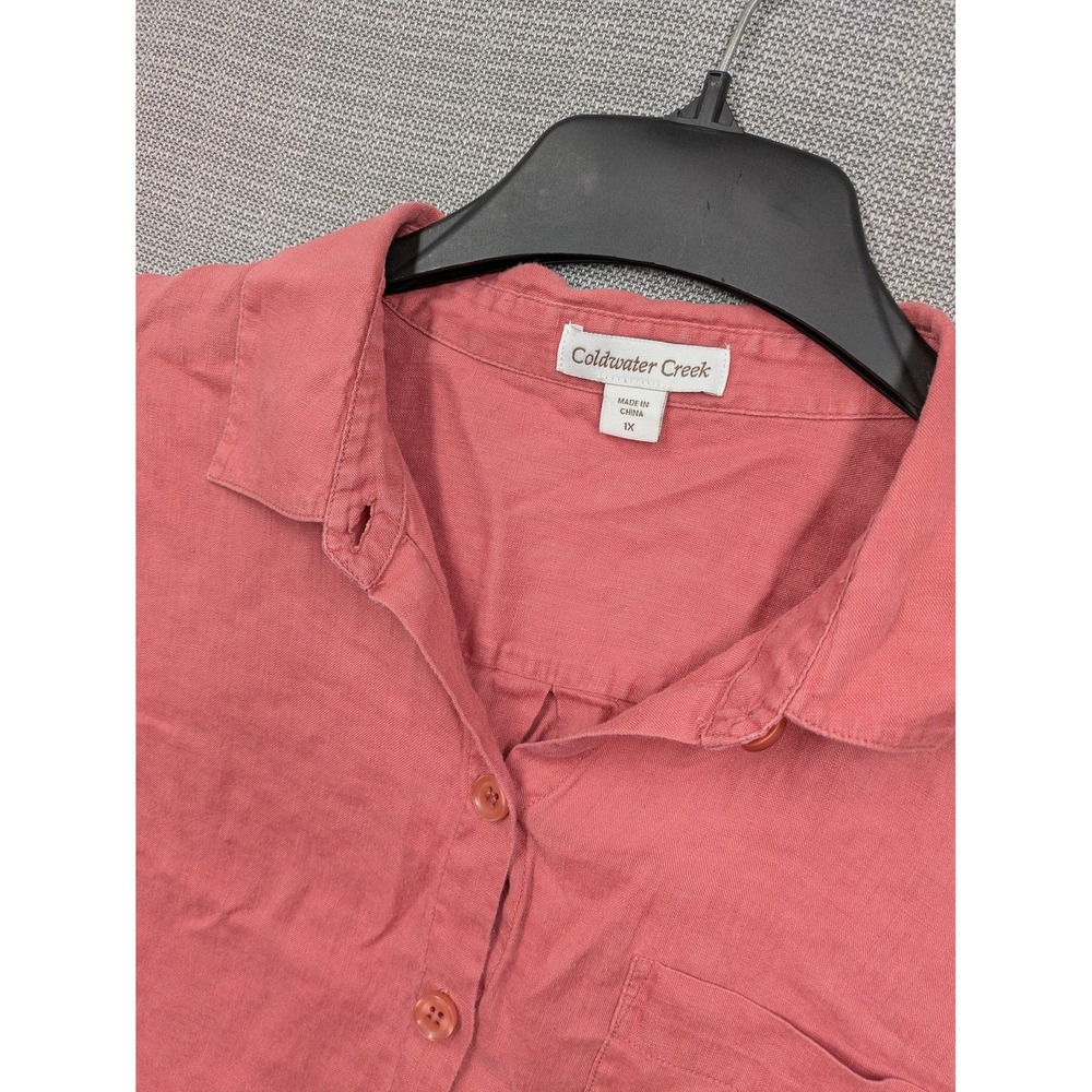 Coldwater Creek Shirt Womens 1X Pink Linen Button Up Short Sleeve Casual Top
